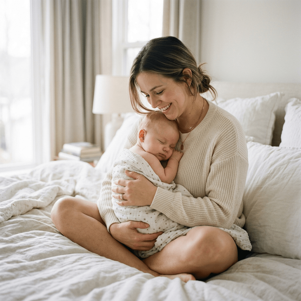 Mother sitting cross-legged on bed cuddling a sleeping newborn baby wrapped in a blanket